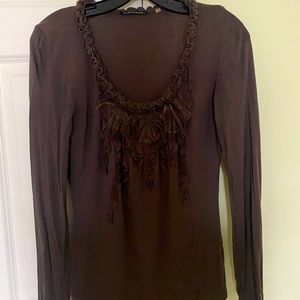 Tahari long sleeve taupe tee with feather detail size small
